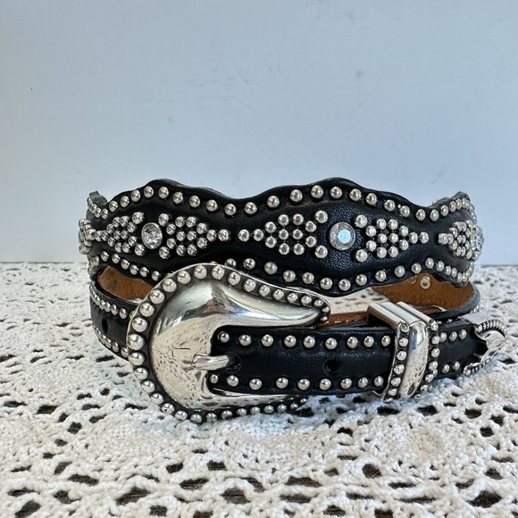 Justin Scalloped Leather Belt Western Black Silver Studded Rhinestone Silver 36 - Picture 3 of 7